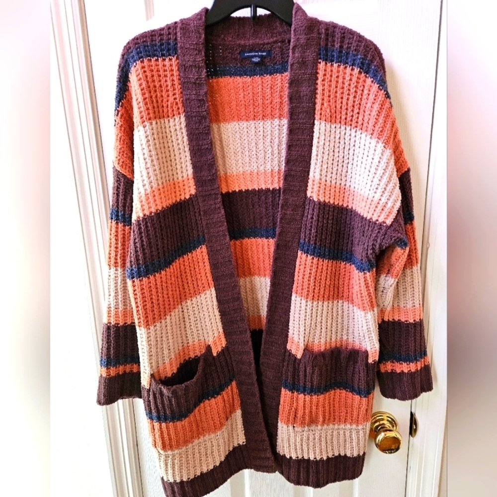 American Eagle Sweater Multi-Color Horizontal Stripes-Chenille Fabric-Medium